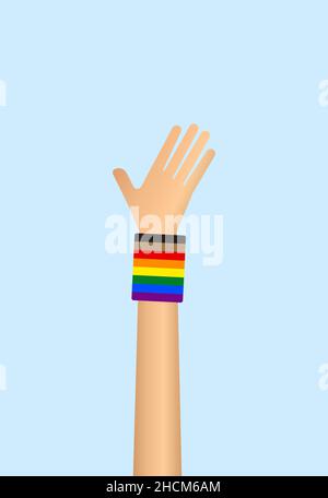 Mano rialzata con braccialetto con bandiera arcobaleno gay PRIDE su sfondo blu. LGBT gay orgoglio concetto. Illustrazione vettoriale Illustrazione Vettoriale