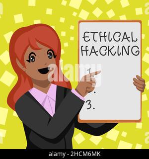 Scrittura visualizzazione del testo Ethical Hacking. Parola scritta su un tentativo legale di cracking di una rete per il test di penetrazione Business Woman Drawing Holding Foto Stock