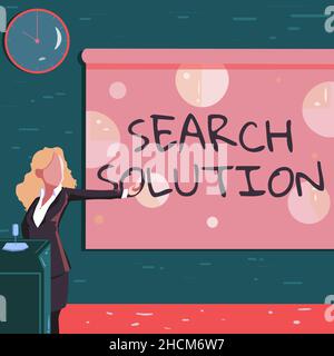 Ispirazione che mostra la soluzione di ricerca dei segni. Internet Concept trovare la risposta appropriata mentre trattando un problema Lady disegno in piedi Holding Foto Stock