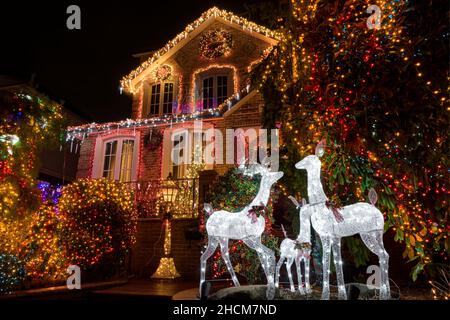 Decorazioni natalizie al Dyker Heights, un quartiere di Brooklyn noto per le sue stravaganti mostre natalizie. New York, Stati Uniti Foto Stock