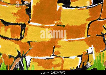 Pittura ad olio su tela, astrazione di macchie gialle e arancioni. Frammento di pittura astratta Foto Stock