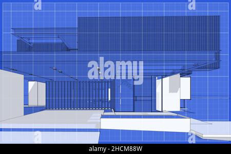 3d rendering di casa moderna e accogliente con parcheggio e piscina in vendita o in affitto con facciata in legno. Schizzo a linea nera con punto bianco e retro del blueprint Foto Stock