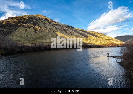 Pesca a mosca nel fiume Yakima, Washington Foto Stock