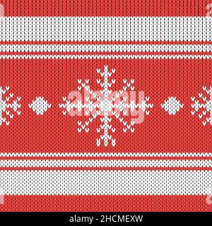 Christmas Knit Print. Bordo in maglia rosso scandinavo. Pullover in lana. Maglione Ugly Holiday Ornament. Crochet festivo. Foto Stock