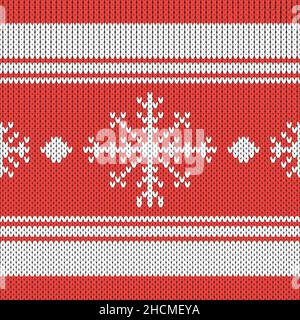 Christmas Knit Print. Bordo in maglia rosso scandinavo. Pullover in lana. Maglione Ugly Holiday Ornament. Crochet festivo. Illustrazione Vettoriale
