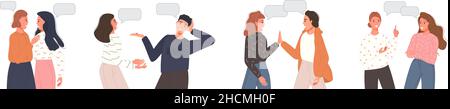 Le persone multietniche parlano o discutono di reti sociali. Coppie parlanti amici con bolle di discorso. Informazioni sulla finestra di dialogo carattere. Set di illustrazioni vettoriali Illustrazione Vettoriale