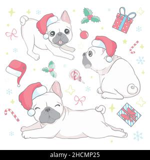 Buono felice anno nuovo. Scheda astratta con carino bulldog francese a santa Hat. Illustrazione vettoriale. Illustrazione Vettoriale
