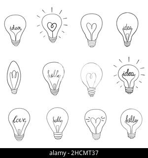 Set di icone piatte della lampadina, lineari e nere. Raccolta delle luci elettriche. Pittogrammi semplici, 12 articoli. Elementi di progettazione grafica vettoriale. CR Illustrazione Vettoriale