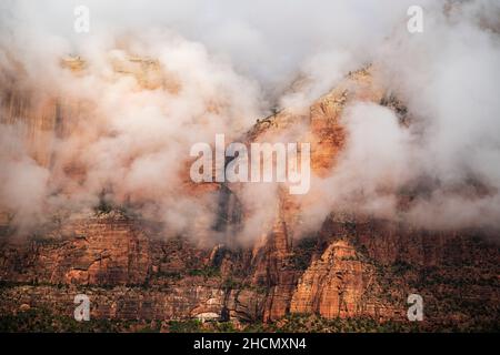 Mattinata di nebbia nel Parco Nazionale di Zion Foto Stock