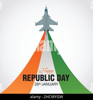 Happy Republic Day India Concept con illustrazione vettoriale di aerei da combattimento e colori della bandiera indiana, con sfondo bianco. Illustrazione Vettoriale