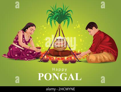 Happy Pongal festeggiamenti banner, modello o poster design. Festa del raccolto dell'India del sud con i capretti che fanno Pongal su sfondo scuro. Illustratore del vettore Illustrazione Vettoriale