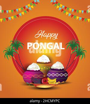 Disegno di illustrazione vettoriale del festival Tamil nadu della celebrazione felice di Pongal. Poster, banner, sfondo modello Illustrazione Vettoriale