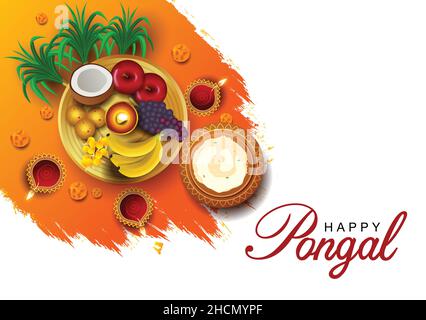 Festa indiana Happy Pongal con i props del pongal, sfondo di festa con il piatto, biglietto d'auguri di celebrazione del Pongal, disegno di illustrazione del vettore. Illustrazione Vettoriale