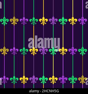 Modello senza cuciture bello giallo, verde, viola Fleur-de-Lis giglio simbolo su sfondo nero. Festa del carnevale veneziano di Mardi Gras. Ottimo per Horizontà Illustrazione Vettoriale
