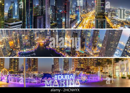 Dubai Marina e Harbour collage collezione skyline architettura ricchezza viaggio di lusso negli Emirati Arabi Uniti di notte ricca Foto Stock
