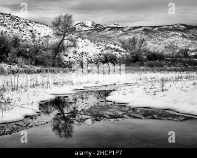 USA, Utah, Heber Valley, Winter Reflections in Deer Creek (BW), #1 Foto Stock