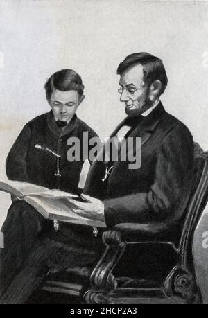 La didascalia per questa immagine recita: 'Lincoln e suo figlio Thomas conosciuto come Tad - dalla fotografia di Brady.' Abraham Lincoln fu il presidente degli Stati Uniti nel 16th. Servì dal 1861 marzo al suo assassinio il 15 aprile 1865. È stato scelto come candidato repubblicano alla Convenzione nel 1860. Lincoln era un avvocato, ma prima di andare alla scuola di legge, ha tenuto una varietà di posti di lavoro. Foto Stock