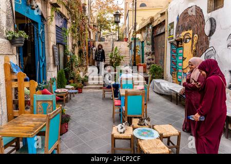 Due donne scattano fotografie di alcuni Kittens che sono fuori Da Un Cafe nel centro di Amman, Amman, Giordania. Foto Stock
