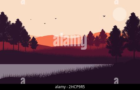 Vista realistica di laghi e montagne dalla periferia rurale al crepuscolo durante il giorno. Vector illustrazione di una città Illustrazione Vettoriale