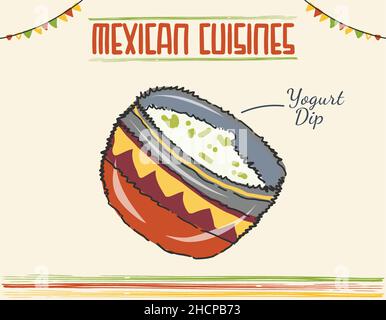 Yogurt messicano tuffo piatto tradizionale, salsa bianca. Illustrazione del vettore isolato di colore minimo Illustrazione Vettoriale