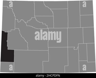 Mappa della posizione evidenziata in nero della Contea di Lincoln all'interno della mappa amministrativa grigia dello Stato federale del Wyoming, USA Illustrazione Vettoriale