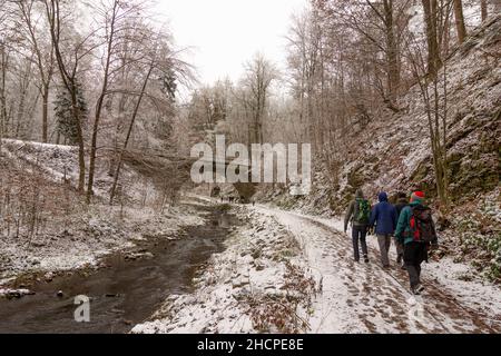 Freital: valle Rabenauer Grund, fiume Rote Weißeritz, ponte di Weißeritztalbahn (Weisseritz Valley Railway), neve, a Erzgebirge, Monti ore, SAC Foto Stock