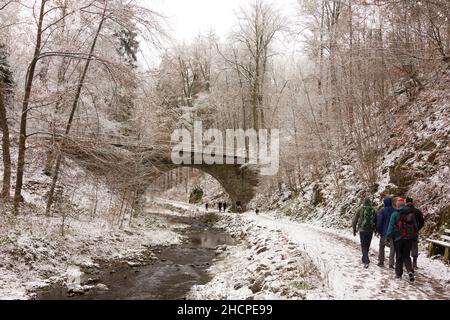 Freital: valle Rabenauer Grund, fiume Rote Weißeritz, ponte di Weißeritztalbahn (Weisseritz Valley Railway), neve, a Erzgebirge, Monti ore, SAC Foto Stock