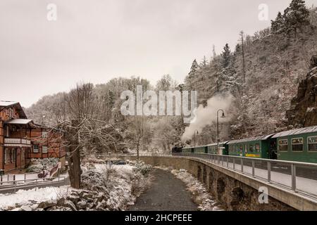 Rabenau: Neve nella valle Rabenauer Grund, fiume Rote Weißeritz, treno a vapore a scartamento ridotto di Weißeritztalbahn (Weisseritz Valley Railway) alla stazione Rab Foto Stock