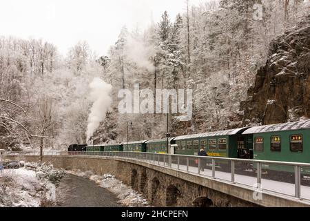 Rabenau: Neve nella valle Rabenauer Grund, fiume Rote Weißeritz, treno a vapore a scartamento ridotto di Weißeritztalbahn (Weisseritz Valley Railway) alla stazione Rab Foto Stock