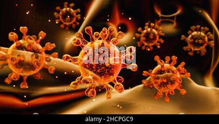 Cina patogeno coronavirus respiratorio 2019-ncov epidemia di influenza. Vista microscopica delle cellule fluttuanti del virus dell'influenza. Virus della corona ncov asiatico pericoloso, Foto Stock