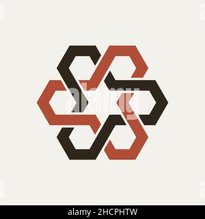 Nastro esagonale intrecciato vettoriale in nero e rosso su sfondo bianco Illustrazione Vettoriale