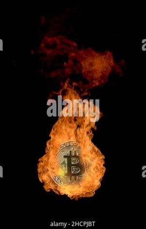 Scatto dello studio di bitcoin dorato sul fuoco isolato su sfondo nero. Concetto di crescita del valore, denaro elettronico, valuta criptata, ricchezza, risparmio Foto Stock