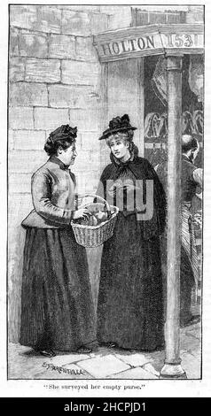 Incisione di due donne dell'epoca vittoriana che fanno un commercio per strada, pubblicato il 1892 Foto Stock