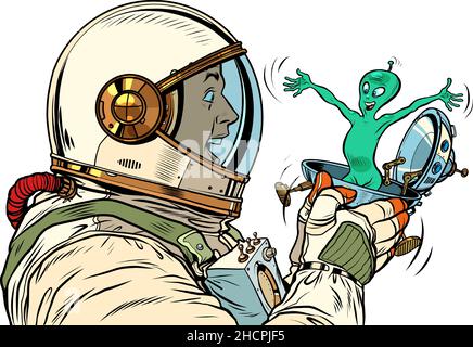 Un astronauta maschio sorpreso guarda un alieno in un festoso UFO flying piatter box Illustrazione Vettoriale