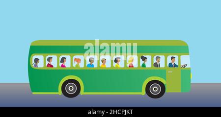 Autobus con persone diversificate. Illustrazione vettoriale. EPS10. Illustrazione Vettoriale