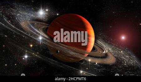 Pianeta Saturno con anelli nello spazio esterno tra la polvere delle stelle e gli srar. Vista la luna di Titan. Elementi di questa immagine forniti dalla NASA. Foto Stock