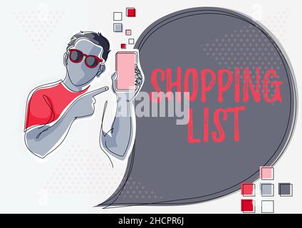 Didascalia di testo che presenta la lista degli acquisti. Business idea disciplina approccio allo shopping Articoli di base per acquistare linea disegno per Guy Holding Phone Presenting Foto Stock