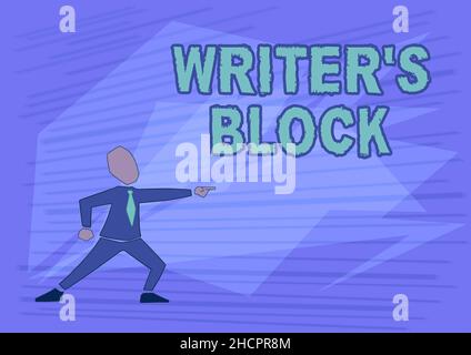 Inspirazione che mostra il segno Writer S Block. Condizione di concetto di business di essere incapace di pensare a cosa scrivere l'uomo nel seme disegno che punta in avanti Foto Stock