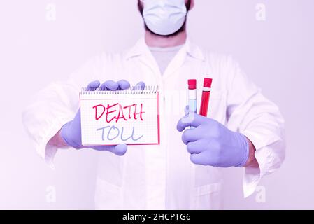 Testo che mostra ispirazione morte Toll. Internet Concept il numero di morti derivanti da un particolare scienziato incidente che presenta Nuova ricerca Foto Stock