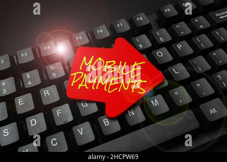 Didascalia di testo che presenta i pagamenti mobili. Word for Financial transaction elaborato tramite uno smartphone che scrive Online Research Text Analysis Foto Stock