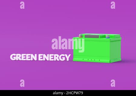 Batteria auto vicina all'energia verde scritta. Elettricità ecologica. Nuove tecnologie. Protezione ambientale. 3d rendering Foto Stock