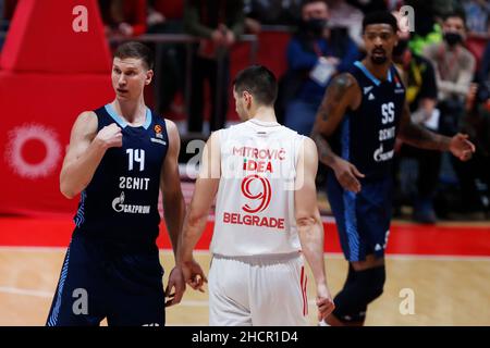 Belgrado, Serbia, 30th dicembre 2021. Anton Pushkov di Zenit San Pietroburgo reagisce durante la partita di pallacanestro Eurolega tra Crvena Zvezda mts Bekgrade e Zenit San Pietroburgo a Belgrado. Dicembre 30, 2021. Credit: Nikola Krstic/Alamy Foto Stock