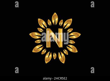 Lettera iniziale N monogramma con corona a foglia d'oro. Design con logo floreale Illustrazione Vettoriale