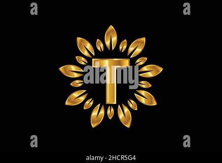 Lettera iniziale T monogramma con corona a foglia d'oro. Design con logo floreale Illustrazione Vettoriale