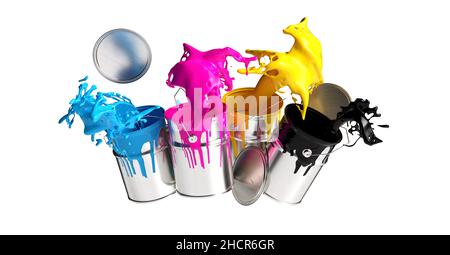 Quattro lattine di vernice che spruzzano colori CMYK isolati su sfondo bianco, stampa immagine concettuale Foto Stock