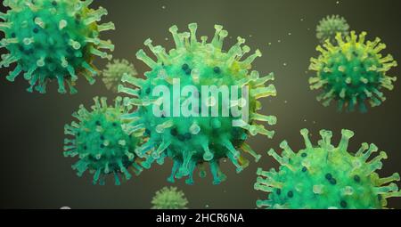 Coronavirus 2019-ncov influenza infezione 3D illustrazione medica. Vista microscopica delle cellule fluttuanti del virus dell'influenza respiratoria del patogeno cinese. Pericoloso Foto Stock