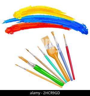 Pennelli per pittura Art con vernice colorata isolata su sfondo bianco. Pennelli artistici e pennelli. Strumento artisti. Illustrazione del vettore di scorta Illustrazione Vettoriale