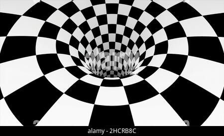 Tunnel ipnotico animato con quadrati bianchi e neri. Illusione ottica a strisce immagini tridimensionali geometriche di movimento del modello di forma del foro del verme. Foto Stock