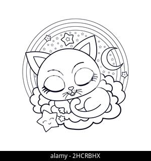 Carino gattino sta dormendo su una nuvola. Illustrazione lineare in bianco e nero. Vettore Illustrazione Vettoriale