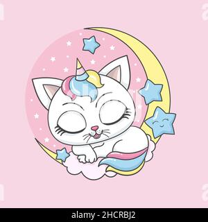 Bianco, cartoon kitten unicorn dorme sulla luna. Vettore Illustrazione Vettoriale